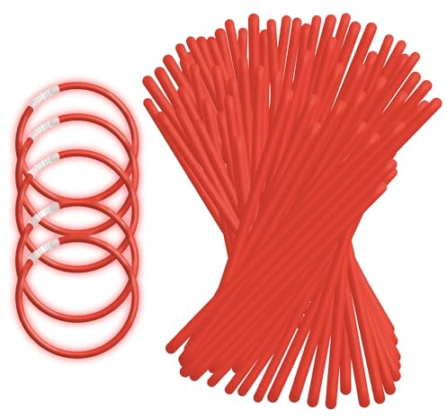 UV FLOOR - Set di 100 braccialetti fluorescenti luminosi e 100 connettori, di alta qualità, accessori luminosi, fluorescenti, per feste, travestimenti, colore: rosso neon