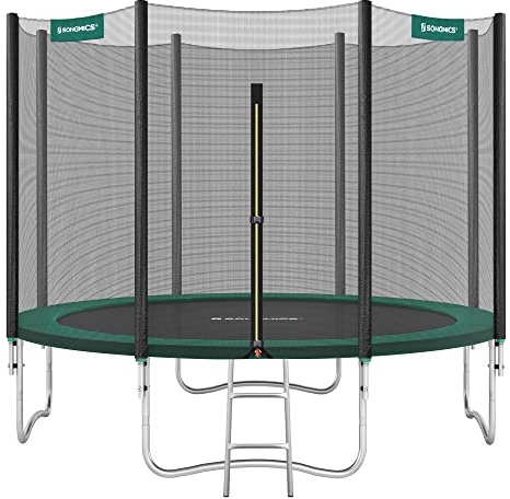 SONGMICS Trampolin Ø 305 cm, Gartentrampolin für Kinder mit Sicherheitsnetz, Randabdeckung, Leiter, 180 cm hohe gerade Stangen, Stahlrahmen, dunkelgrün STR10GN