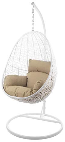 Kideo® set completo: poltrona sospesa con telaio e cuscino, per interni ed esterni, in rattan sintetico. Colore telaio e cesto: bianco. Cuscino: Nest, marrone chiaro (7007_capucchino)