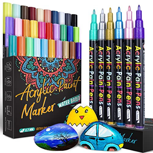 APOGO 36 Acrylstifte Steine zum Bemalen, Acrylstifte für Steine Wasserfest, Permanent Marker Glasmalstifte Acrylfarben Stifte für Holz Deko, Kieselsteine, Porzellan, Kürbis, Papier, Bastelset Kinder