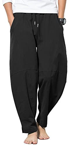 AUDATE Herren Leinen Hosen Summer Beach Hose Männ Lässig Einfarbige Yoga Hose Schwarz L