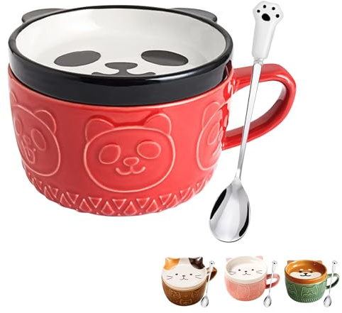 Regalos para mujeres, tazas de café kawaii panda con tapas, regalos de cumpleaños de Navidad para niñas, amigos, niños, taza de té de cerámica de animales novedosos, juego de platillos de postre
