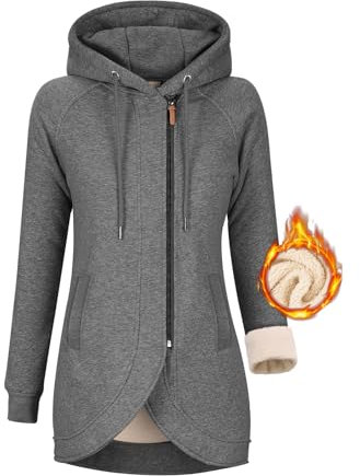 UMIPUBO Kapuzenpullover Hoodie Damen Fleecejacke Sweatjacke Herbst Winter Sweatshirt Lang Zipper Strickjacke mit Kapuze Langen Mantel Outwear Kapuzenjacke Mit Taschen(Dunkelgrau,M)