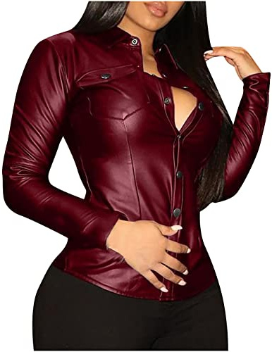 AMhomely PU Shirt Women Long Sleeve Zip Faux Leather Blouse Stand Collar Sexy Bodycon Tunic Tops Blouse Fake Leather Motobiker Shirts Sexy Tight PU Dress Shirts Clubwear Streetwear Wine M