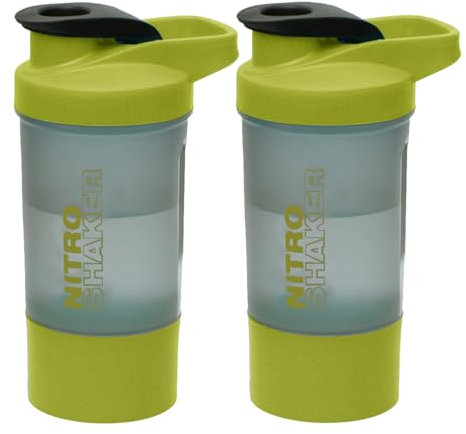 Protein Shaker Bottle 600 ml BPA Free Set of 2 x Green with Metal Mixing Ball Non-Drip Screw Lid with Storage Container for Protein Shakes Perfect Fitness & Workout Partner - Gym, Sports, Exercise