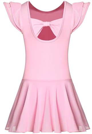 Mulnall Mädchen Tanz Trikots für Ballett Kleid Kinder Ballettkleidung Tanzbody mit Rock Tütü Glänzender Rock Rüschen Ärmel Crisscross Zurück(UK3033-08-M)