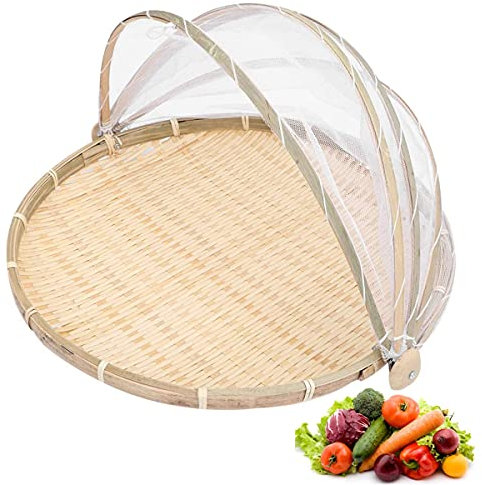 Panier de Pique Nique avec Gaze Bambou Tissé Panier Extérieur Bug Proof Panier à la Poussière Soleil Alimentation Fruits Légumes Pain Couverture avec Gauze Antipoussière Plateau Housse Anti Mouches