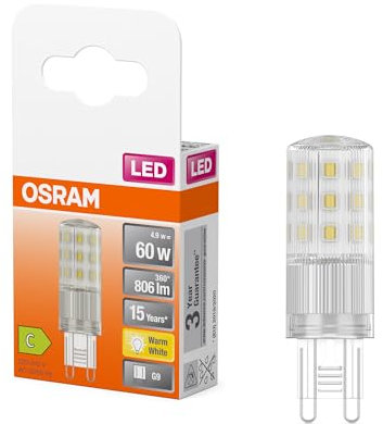 OSRAM Lampada LED multicolore LED PIN con attacco retrofit G9, 4,9 W / 806 lm, luce bianca calda e chiara con 2700 K, non dimmerabile, IP20, vetro senza piombo, diametro 18 mm.