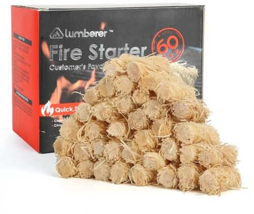 Lumberer 60 piezas de iniciador de fuego de lana de madera, impermeable, para todo tipo de clima, para chimenea interior, fogatas, parrilla, estufa de leña, hoguera, ahumador, chimenea, horno de pizza