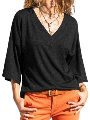 Fisoew Camiseta de manga 3/4 para mujer, con cuello en V, holgada, básica, de verano, camiseta, blusa., Negro , XXL