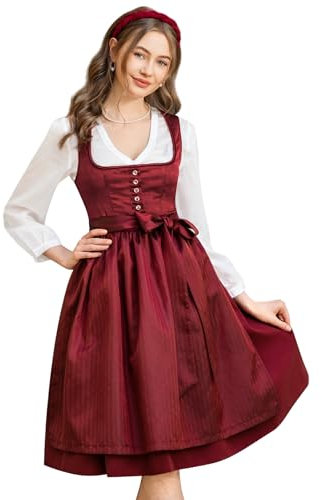 DIRNDLSTERN Damen Midi Rot - Trachtenkleid Damen Dirndlkleid mit Plissee Dirndlschürze für Oktoberfest 46