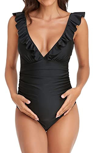 Generisch Traje de baño de lactancia materna con cuello en V, traje de baño sexy para maternidad, embarazo, traje de baño de bikini, túnica de playa para mujer, Negro , M