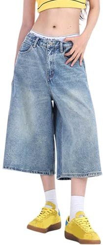 Cexiakong Short en jean baggy 3/4 pour femme Harajuku Baggy - Short léger - Longueur genou - Taille haute - Avec poches - Bermuda d'été, M