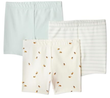 Amazon Essentials Bébé fille Lot de 3 shorts de vélo pour bébé fille et tout-petit, Lot de 3, Vert Menthe Pâle/Abeilles/Rayures Françaises, 4 ans