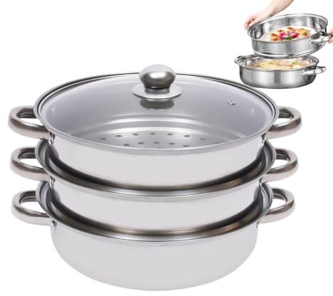 Olla de vapor de 3 niveles, cocina de acero inoxidable de 11 pulgadas, diseño de tapa de vidrio, base compatible con inducción, preparación de mariscos y verduras de varios niveles con cocción