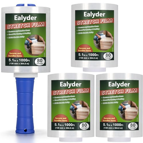 Ealyder Tape 4 rotoli film estensibile mini 130mm x 304m, trasparente, resistente, con manico