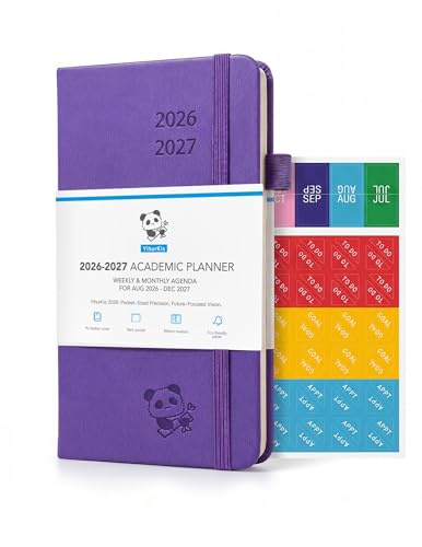 YihurKis Academic Pocket Diary 2026-2027, A6 Slim (15.5x9cm) - 17-Month Weekly & Monthly Planner (Aug 2026-Dec 2027), with Pen Holder, Leather Hard Cover, Purple