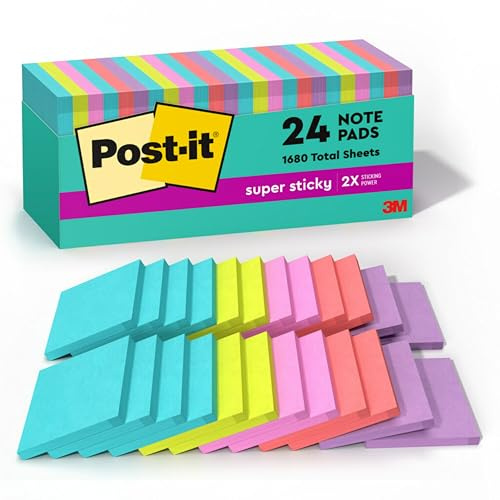 Post-it Super Sticky Notes, 3 in. x 3 in., Miami Collection, 24 Pads/Pack, 70 Sheets/Pad Blue, Green, Orange, Pink 70 Sheets Self-Adhesive Pouch