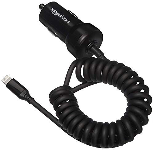 Amazon Basics - Kfz-Ladegerät mit Lightning-Anschluss, Spiral-Kabel, 5 V, 2,4 A, 0,45 m, Schwarz