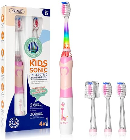 Seago Kids Electric Toothbrush, Battery Powered Toothbrushes for Childrens with Timer, Rainbow LED Light, 4 Brush Heads, Soft Bristles, Fun for Boys and Girls Aged 3 Years and Up, SG977 (Pink)