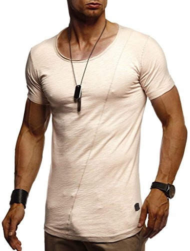 Leif Nelson - Maglietta estiva da uomo, scollo a girocollo, Slim Fit, in cotone, maglietta da uomo, girocollo, felpa con cappuccio a maniche corte LN8209 beige. S