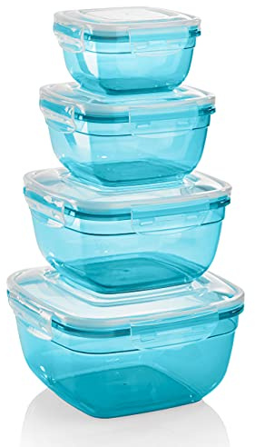 Grizzly 4er Set Frischhaltedosen (0,5L, 0,9L, 1,5L, 2,4L), quadratisch, Kunststoff, 100% luft-/wasserdicht, mikrowellengeeignete Vorratsdosen, Petrol