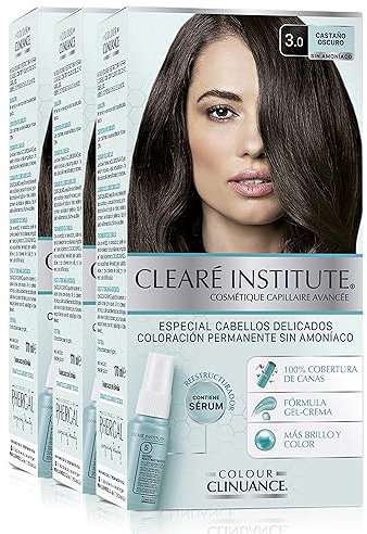 Clearé Institute | Colour Clinuance | Coloración Capilar Permanente Sin Amoniaco | Tinte de Pelo 100% Cobertura de Canas, Incluye Sérum Capilar | Método Curly | 3.0 Castaño Oscuro | Pack de 3