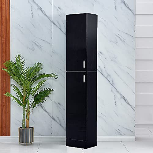 Armario alto de cocina, organizador de piso estrecho, de madera de alto brillo con 2 puertas, 4 estantes, gabinete de esquina Tallboy para sala de estar, dormitorio, baño, oficina, color negro