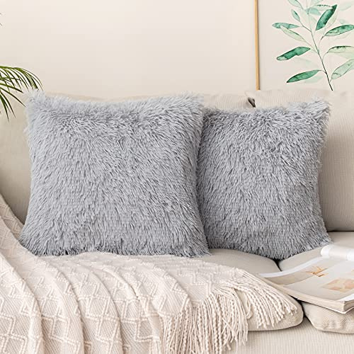 MIULEE Copricuscini per Divano per Camera da Letto Soggiorno Letto Matrimoniale Federe Cuscini in Pelliccia Decorativi Moderni Fodera Shaggy Elegante Quadrati 2 Pezzi 40X40 cm Grigio Chiaro