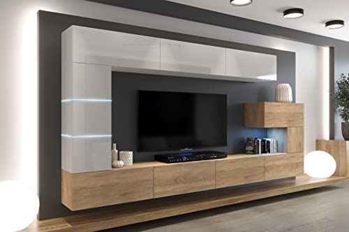 Furnitech Parete Attrezzata Soggiorno moderna 332 x 35 x 184 cm - Mobile TV con ripiani e armadietto - LED Bianco – Design Moderno per Ogni Ambiente - An89new-21ws-hgm21