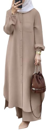 ODIZLI Conjunto de 2 piezas musulmanas para mujer, camisa y pantalones abotonados de manga larga, vestido casual de Dubai, Caqui, XX-Large
