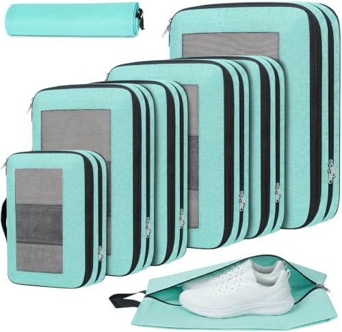 Prezon Lot de 6 cubes de rangement compressibles, organisateurs extensibles pour valise, parfaits pour le voyage et le rangement à la maison, Maille carrée, Menthe