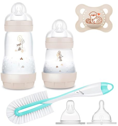 MAM Vorteilspack Starterset Anti-Colic Flaschen Set mit 2 Anti-Colic Flaschen (160 ml & 260 ml) und Gr.1, Schnuller 0-6M und Flaschenbürste