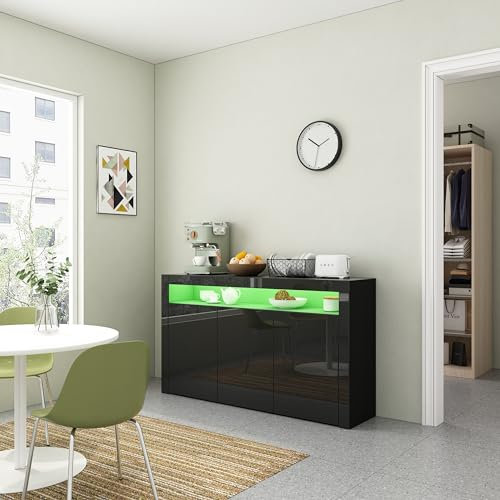 Sideboard-Kabinett, schwarzes Hochglanz-Sideboard-Display-Kabinett mit LED-Leuchten, 3-Tür und 1 offenes Regal, moderne Schrank-Aufbewahrungseinheit für Küche Wohnzimmer Esszimmer Flur 152*35*97CM