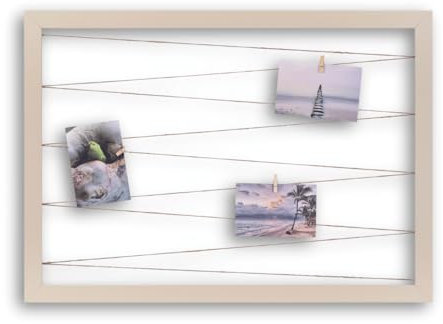 CLAMARO Collage Line - Support photo - 70 x 50 cm - Beige - Format paysage - Avec ligne photo en ruban de jute et pinces en bois - Idéal comme galerie de collage de photos, mur photo ou cadre photo