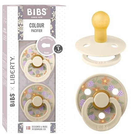 BIBS Liberty Dummies | 2 Colour Natural Rubber Latex Soothers | BPA Free Dummy | Round Nipple Pacifier | Designed & Made in Denmark | Strawberries and Cream Ivory Mix | Size 1 | 0+ Months