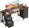 Coleshome Schreibtisch mit 6 Schubladen, 160x52 cm Computertisch 2 Steckdosen und 2 USB-Ladeanschlüsse, Bürotisch mit Ablageflächen für Home Office, Braun