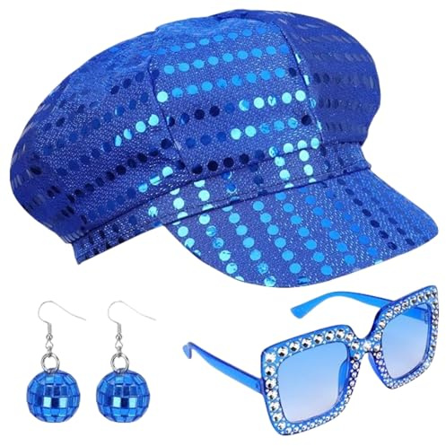 SDXCJY Ensemble de 3 pièces de chapeau à paillettes années 70, chapeau disco argenté pour adultes. Avec chaîne de bijoux pailletée, lunettes de soleil carrées scintillantes. Ensemble de costume disco