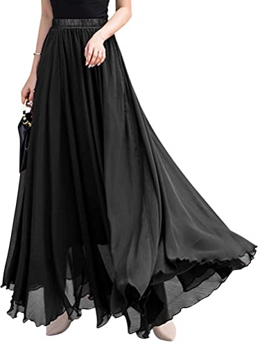 Oanviso Gonna Lunga Elegante Donna Curvy Cerimonia Gonne in Tulle Trasparente Chiffon Gonna Elasticizzata a Pieghe A-Linea Boho Maxi Skirt Nero L