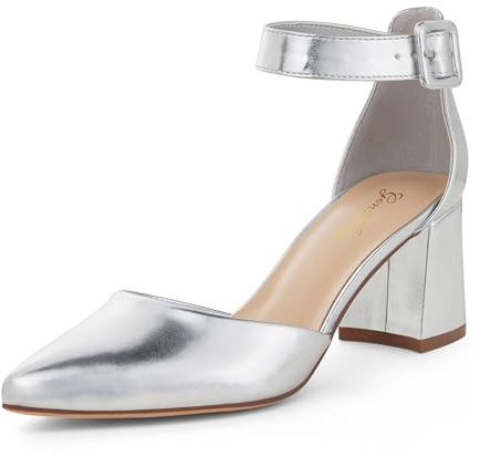 GENSHUO Zapatos de Mujer con Punta Cerrada, Tacón Bajo en Bloque de 6 cm, Correa al Tobillo, Cómodos para Trabajo y Fiestas, Plateado, 37 EU