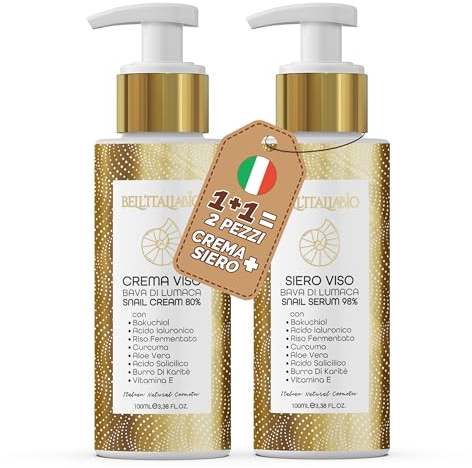 Crema e Siero Viso Antirughe con Bava di Lumaca, Acido Ialuronico, Vitamina E, Rigenerante Illuminante con Aloe Vera, Trattamento Anti-Età Multifunzionale Imperfezioni Discromie, Made in Italy 2x100ml