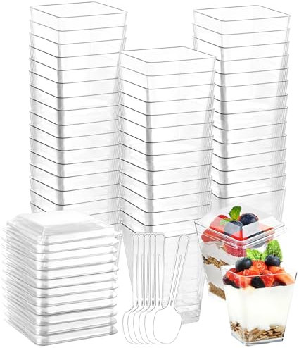 Syvory Tazas de Postre 50PCS,Vasos De Postre Cuadrados Plástico Copas de 160 Ml,Vasos de Pudín Reutilizables con Tapa y Cucharas para Pudín, Mousse, Helado, Cumpleaños, Bodas