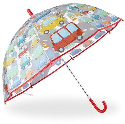 Relaxdays Regenschirm Kinder, Auto-Motiv, Kinderregenschirm, für Jungen & Mädchen, Ø 73 cm, kleiner Stockschirm, bunt