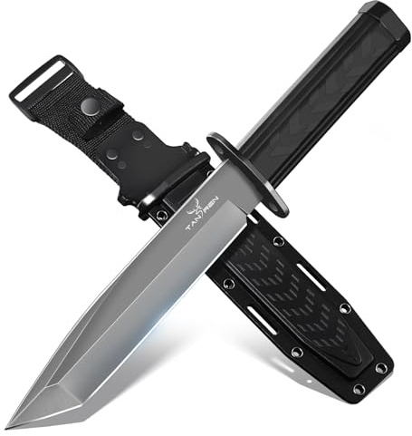 TAN REN Coltello da sopravvivenza fodero Kydex, affilato e resistente, lama fissa monoblocco in acciaio D2 e manico ergonomico a pieno spessore, coltello bushcraft per campeggio e caccia, nero