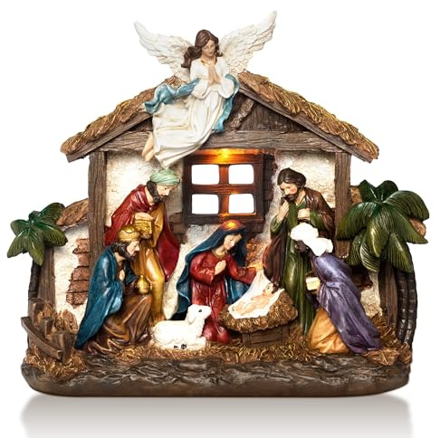 Nativity Sets for Christmas Figurine Decorations Indoor, 12.5 Inch Large Lighted Resin Manger for Nativity Scene Jesus Religious Holidays Home Tabletop Xmas Decor Collection Gifts (Multicolor)