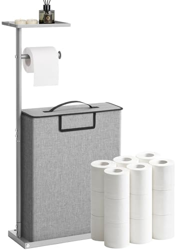 SOELDI Toilet Roll Holder with Toilet Paper Storage Basket, Rustproof Metal Freestanding Tissue Holder with Storage Box, Featuring a Mobile Phone Stand, Multi-purpose Bathroom Storage, Grey
