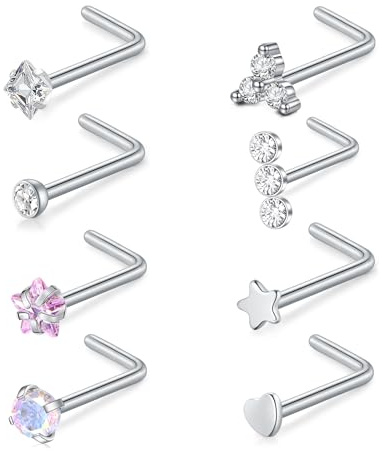 MODRSA 20G Piccolo Piercing per Naso a Forma di L: Orecchini a Stella e Cuore in Acciaio Inox con Zircone 14K, Acciaio inossidabile