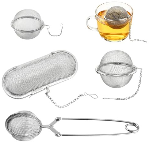 4 Stück Gewürzsieb, Gewürzsieb zum Mitkochen mit Kette,Teesieb Edelstahl,Teaballs,Gewürzkugel für Losen Tee Und Gewürze(Elliptisch, Kreisförmig)