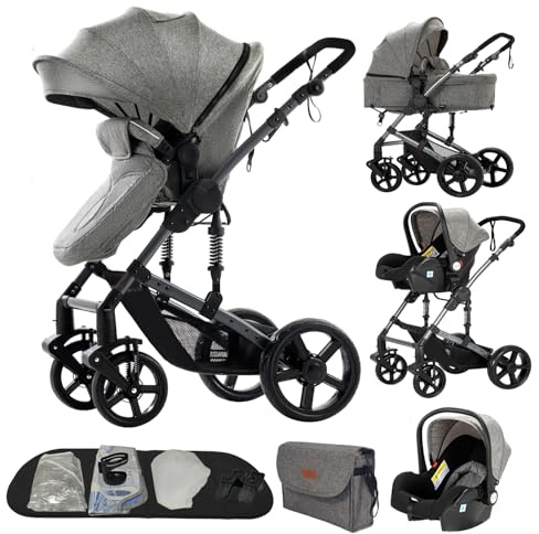 Passeggino trio, Passeggino 3 in 1, Navicella neonato, Sistema da viaggio e seggiolino auto, per neonati bambini 0-36 mesi (Grigio + Borsa per bebè)