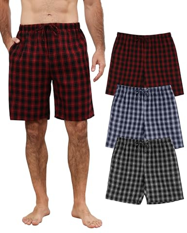 TeJoyce Pyjamasbyxor, herr, korta bomull, 3-pack, rutiga pyjamasbyxor för sommar, mjuka och bekväma sovshorts med ficka, mysiga och fashionabla shorts för män, att sova i, S–XXL